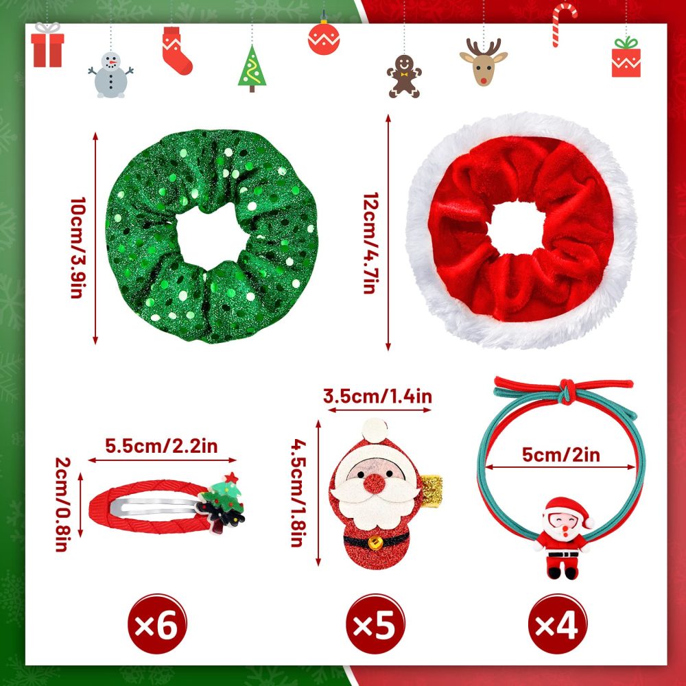 18 Pcs Christmas Hair Accessories for Girls Christmas Hair Clips Sequin Hair Scrunchies Kids Bows Red Hair Clips Hair Ties Snap Barrettes Glitter Elastic Hair Bands Ponytail Holder for Women Girls - Image 7
