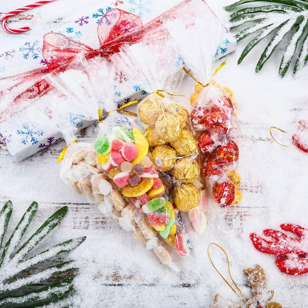 Large Sweet Cone Bags, 100Pcs 37 x 17cm Clear Treat Bags with Gold Twist Ties and Stickers, Triangle Cellophane Bag for Party Snacks Candy Popcorn Chocolates Cookies Crafts Gifts - Image 5