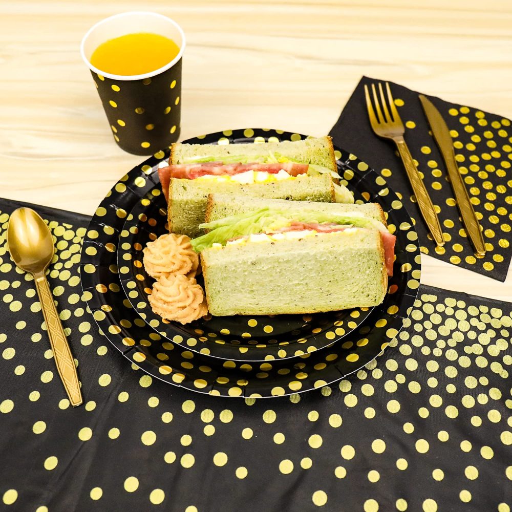 SKBATTERRS 50 Pcs Party Paper Plates Set,Disposable Party Tableware Party Decorations Birthday Party Decorations Party Supplies (Black and Gold, 22.9 cm/9 inch) - Image 3