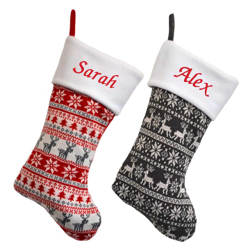 Always Personal Personalised Embroidered Christmas Nordic Knitted Style Xmas Hanging Stockings - Red Or Grey Knitted with Custom Name (Red)