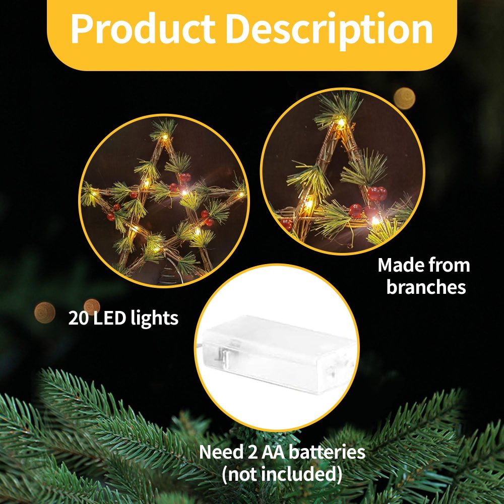 Christmas Tree Topper, Star Tree Topper, 20 LED Lights Christmas Decoration Tree Star for Indoor Office Festive Xmas New Year Holiday Tree Decorations (Rattan with Flower) - Image 6