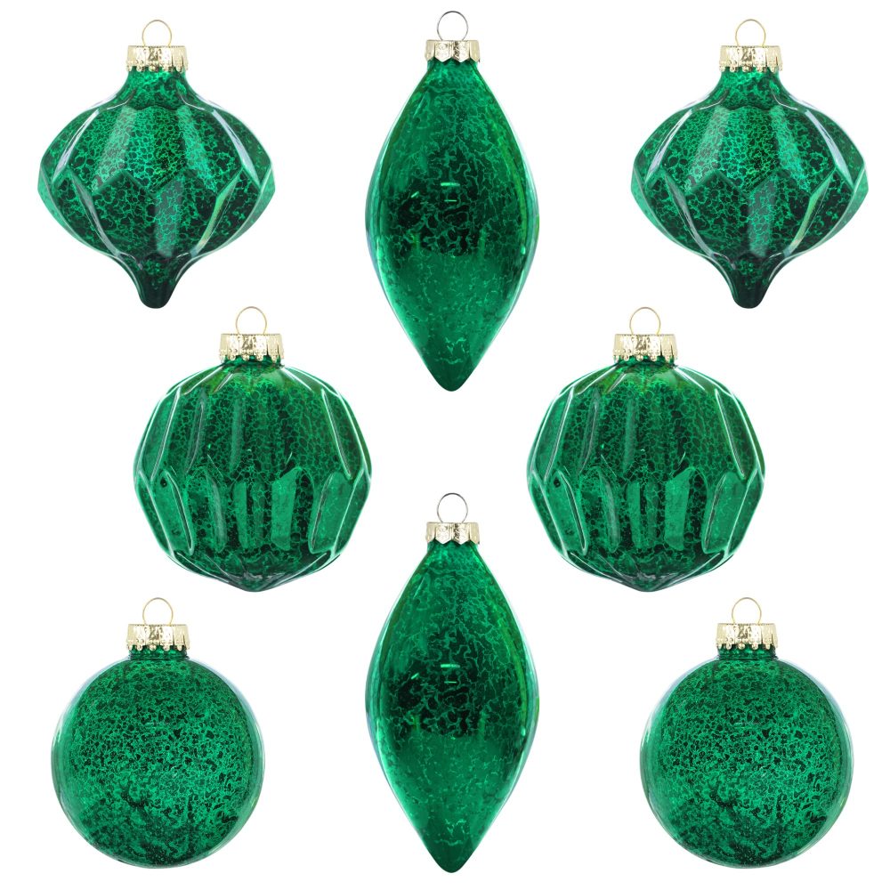 KI Store Mercury Glass Christmas Tree Ornaments Green Set of 8 80mm 120mm Hanging Christmas Baubles Finials for Christmas Tree Decoration Holiday Décor