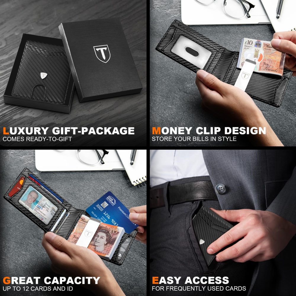 TEEHON Mens Wallets Slim RFID Blocking Carbon Fiber Leather Wallets Mens with up to 12 Credit Card Holder, Strong Money Clip & ID Window Minimalist Bi-Fold Wallets for Men UK with Gift Box - Black - Image 4