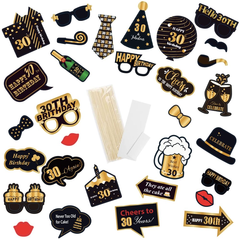 30th Birthday Photo Booth Props Kit,32PCS Black Gold Photobooth Props,30th Party Props Birthday Party Selfie Props Kit with Sticks for Men,Him,Happy 30th Birthday Party Decorations Supplies Favors - Image 6