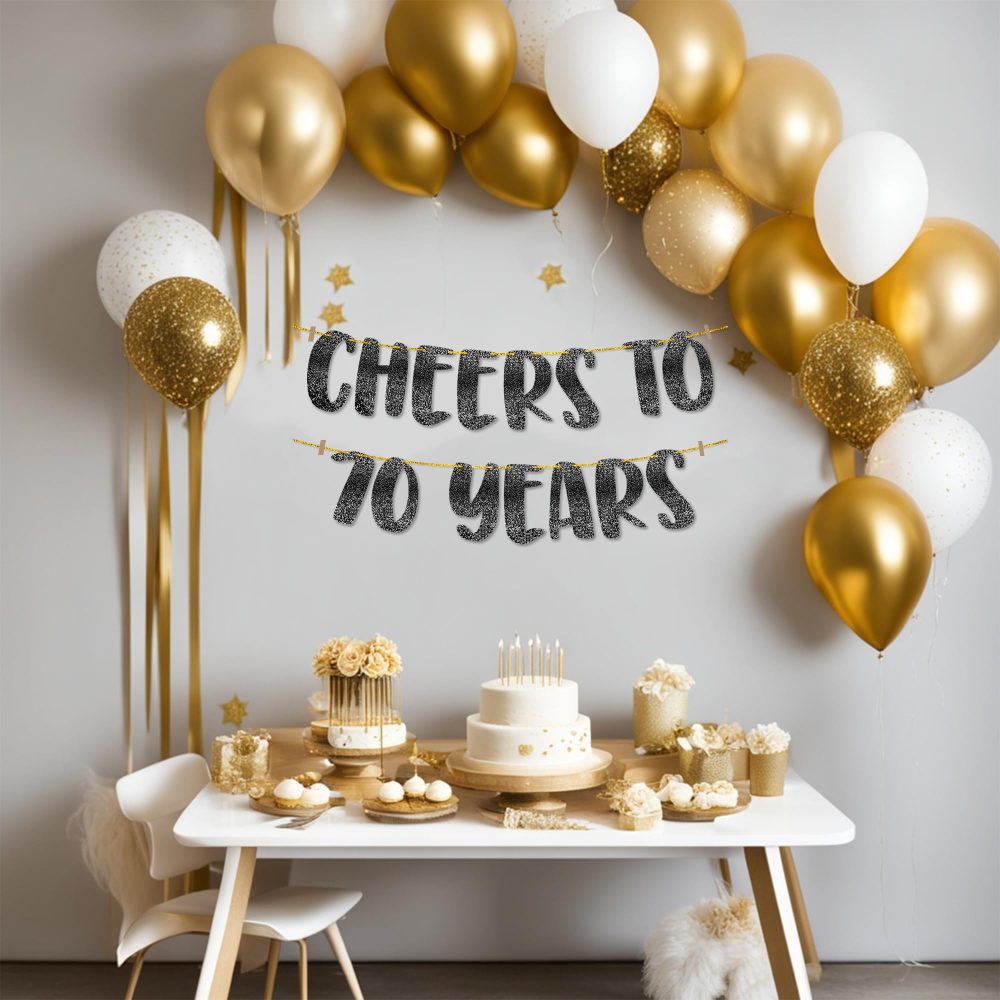 TOYVENTURES Cheers to 70 Years Black Glitter Banner - Happy 70th Birthday Party Decorations 8 Feet, 70th Wedding Anniversary Party Supplies - Milestone Celebration Decor - Pre-strung, No DIY Required - Image 6
