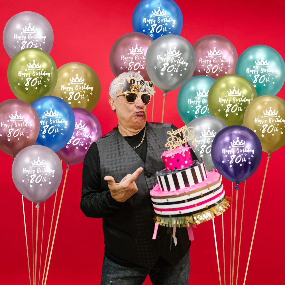 Metallic Happy 80th Birthday Decorations Women Men 80th Birthday Balloons Supplies Chrome Happy 80th Birthday Balloons 12In 20 Pack - Image 5