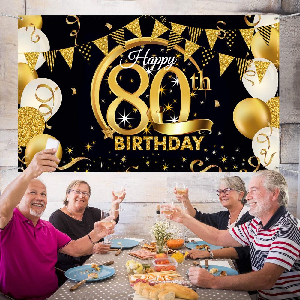 Birthday Party Decoration Extra Large Fabric Black Gold Sign Poster for Anniversary Photo Booth Backdrop Background Banner, Birthday Party Supplies, 72.8 x 43.3 Inch (80th) - Image 5