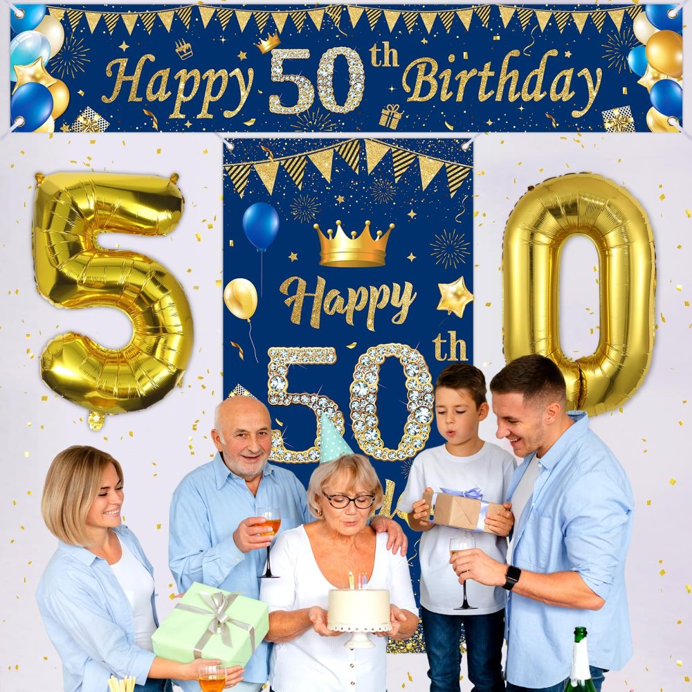 Blue 50th Birthday Decorations for Men Women, Navy Blue Gold Happy 50th Birthday Banner and 50th Birthday Door Banner for 50 Years Old Men Women Anniversary Birthday Party Supplies Porch Sign Decor - Image 7