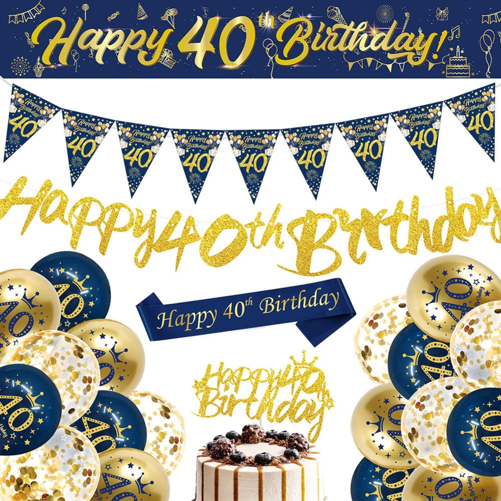 40th Birthday Decorations Kit,Blue Gold Happy 40th Birthday Banner,40th Birthday Balloons,Blue Gold Latex Balloons Party Decorations for Boys 40th Birthday Party Supplies (40th Birthday)