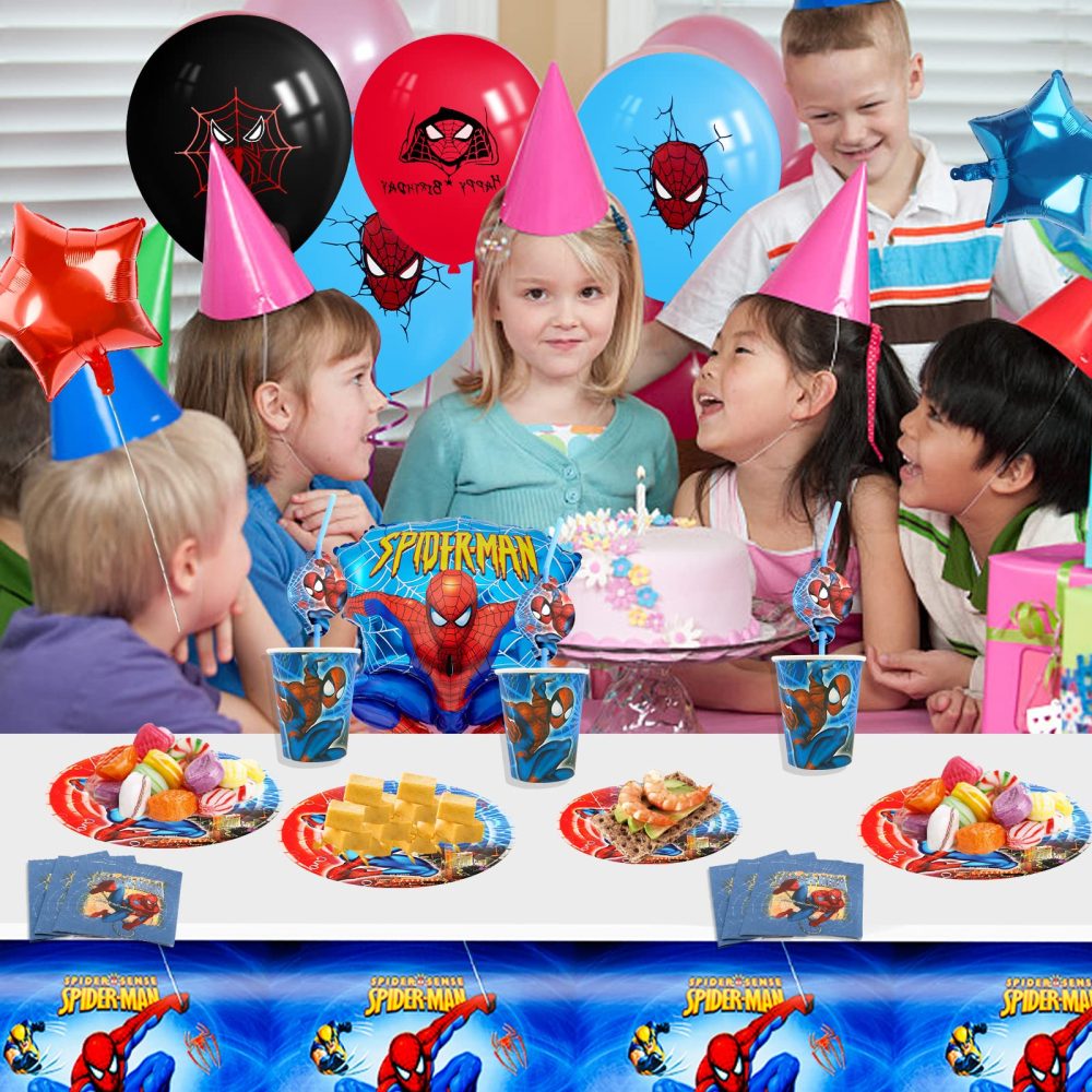 Spi-der Birthday Decoration, 75PCS Spidey Party Decorations Tableware Set, Superhero Birthday Decorations Including Plates Tablecloth Happy Birthday Banner Balloons for Boys Kids Theme Party Supplies - Image 4