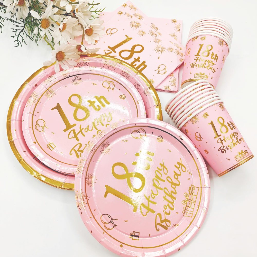 16Pcs Pink Gold 18th Birthday Paper Plates 7",Birthday Tableware Party Plate Disposable,Happy 18th Birthday Decorations Plates for Boys,Girls,Kids,Him,Her 18th Birthday Party Decorations Supplies - Image 4