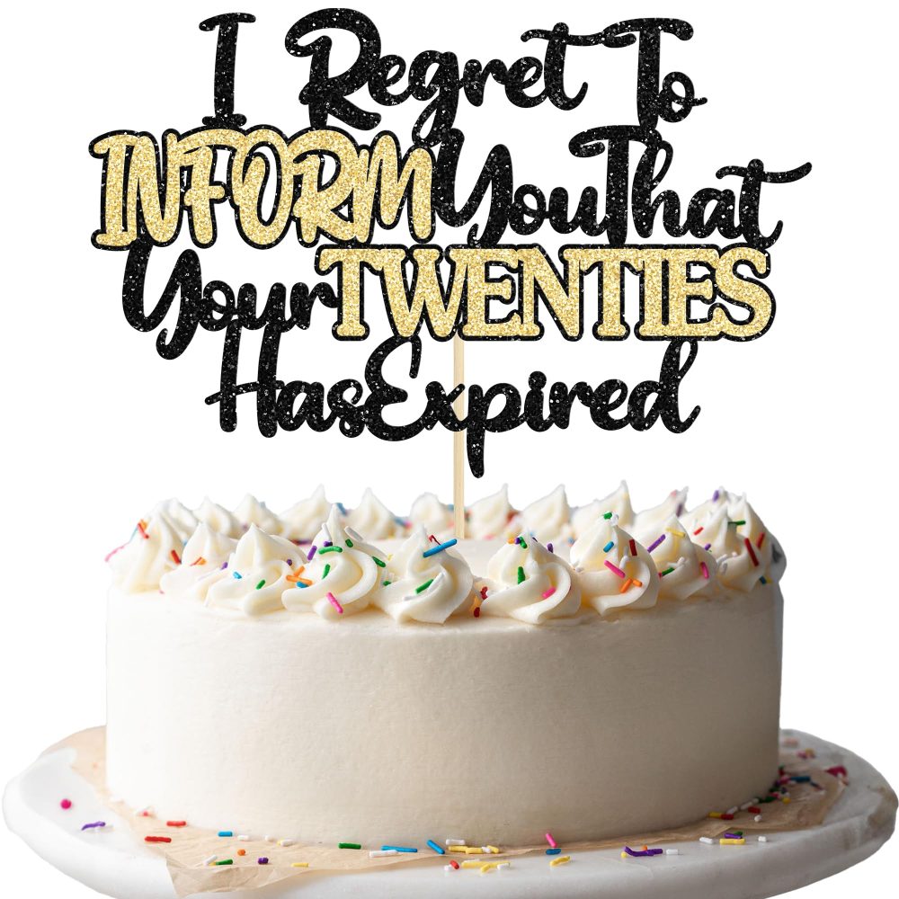 Ephlyn 1Pcs Happy 30th Birthday Cake Topper Glitter I Regret to Inform You That Your Twenties Has Expired Cake Pick Cheers to 30 Years Cake Decorations for 30th Birthday Party Supplies