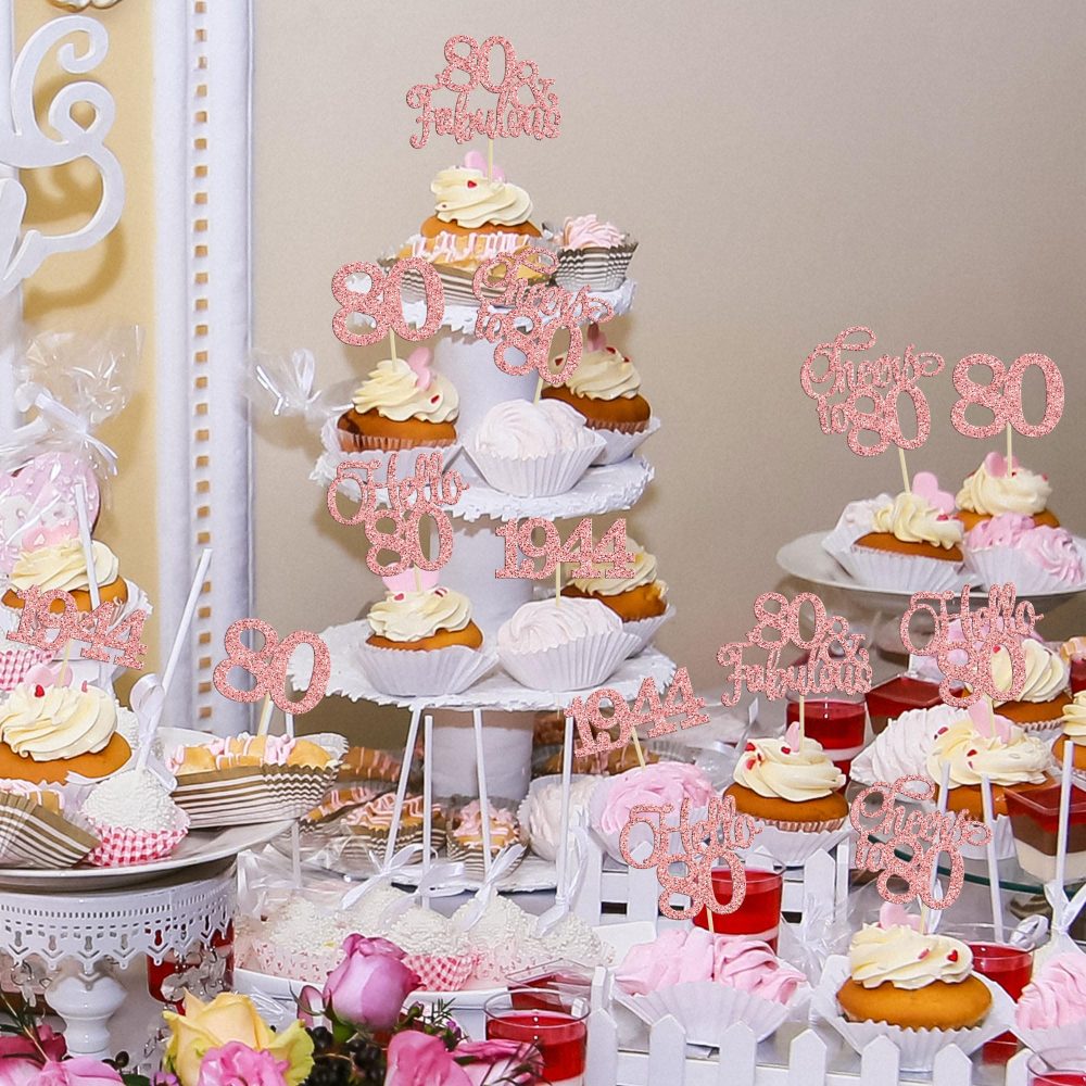 Gyufise 30Pcs 80th Birthday Cupcake Toppers 80 Fabulous Cupcake Picks Cheers to 80 1944 Cake Decorations for Happy 80th Birthday Wedding Anniversary Party Decoration Supplies Rose Gold - Image 3