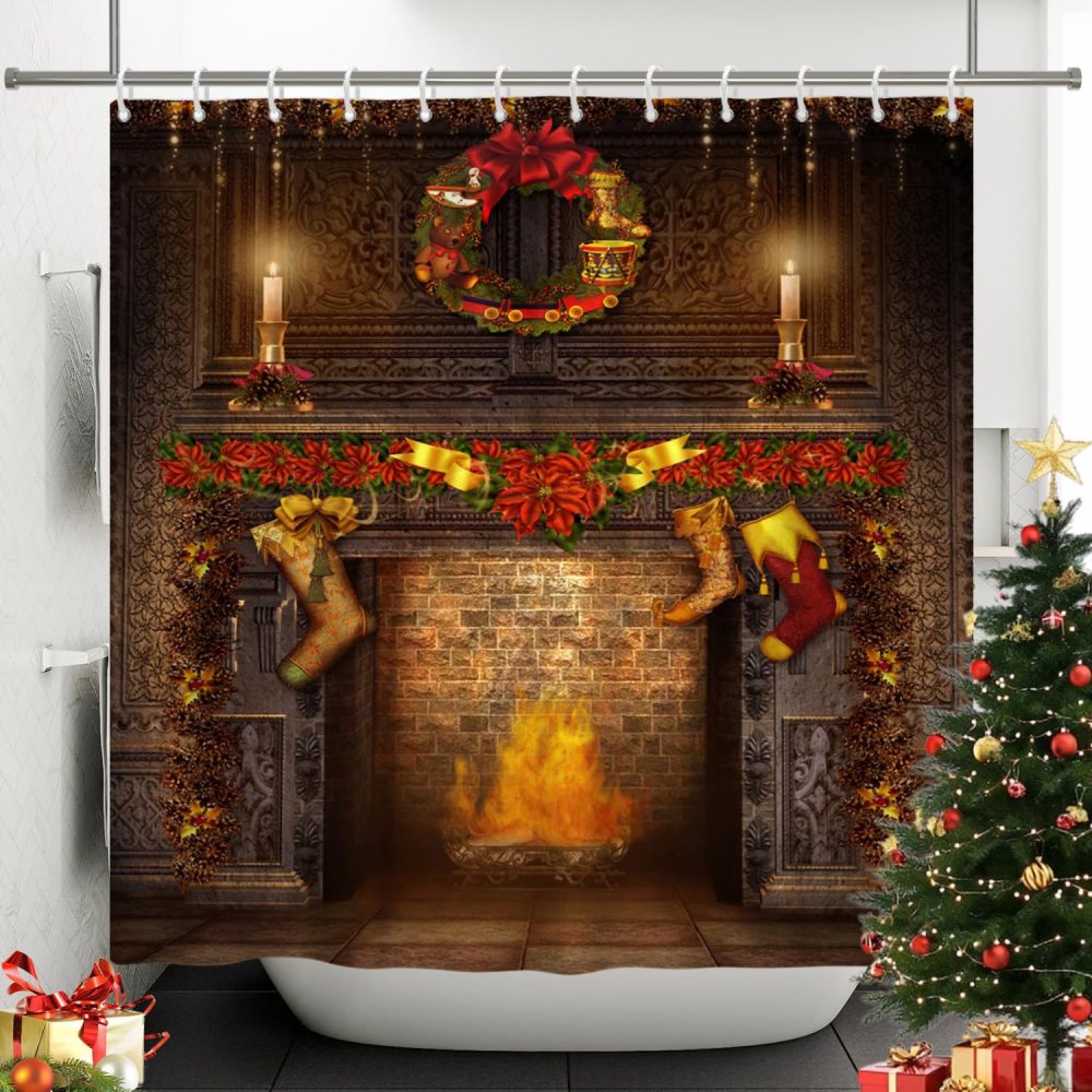 SDOTPMT 165x183cm Christmas Fireplace Shower Curtain Merry Christmas Exquisite Socks Gift Bath Curtain Vintage Brown Brick Wall Winter Holiday Curtain for Bathroom Fabric Polyester with Hooks - Image 6