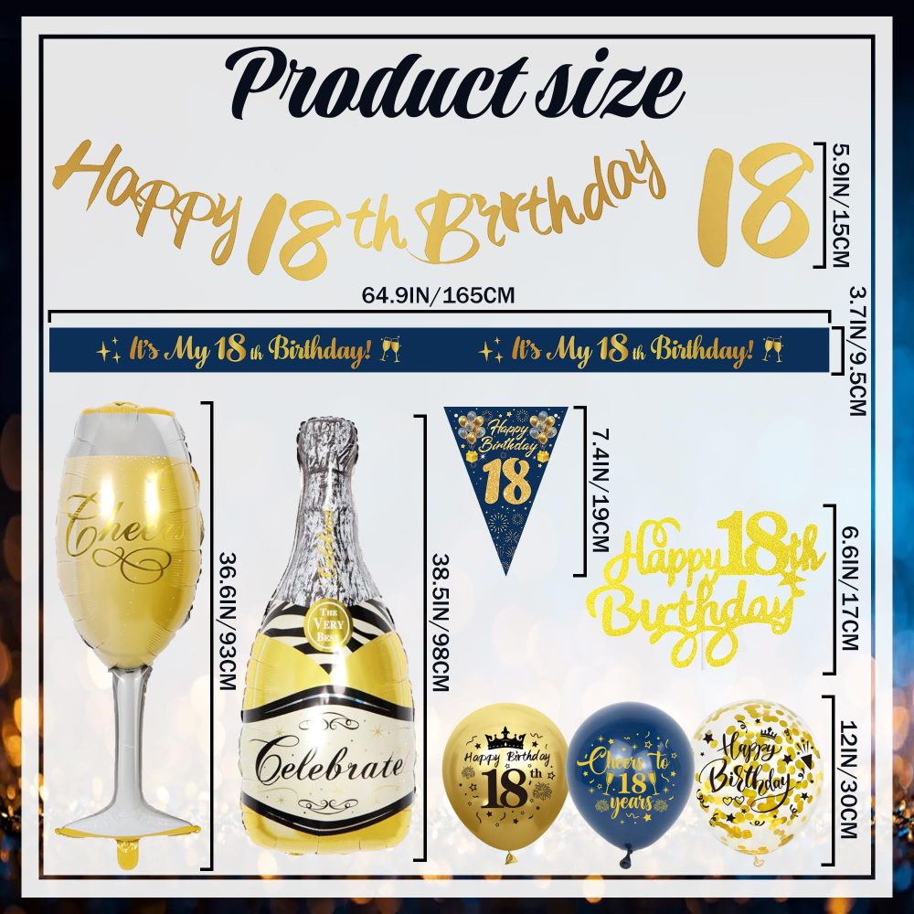 18th Birthday Decorations for Boys - Blue Gold Happy 18th Birthday Banners Cake Topper Pennant Latex Balloons Wine Bottle Balloon Sash for 18th Birthday Party Supplies - Image 6
