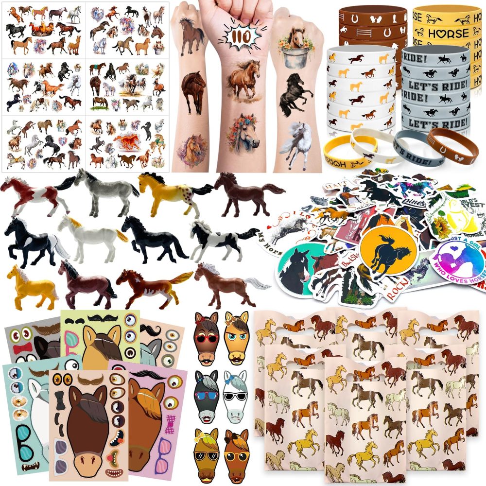Moltby 110Pcs Horse Party Favors Supplies - Horse Birthday Party Supplies Include Mini Horse Toys Temporary Tattoos Silicone Bracelet DIY Stickers Gift Bags for Cowboy Cowgirl