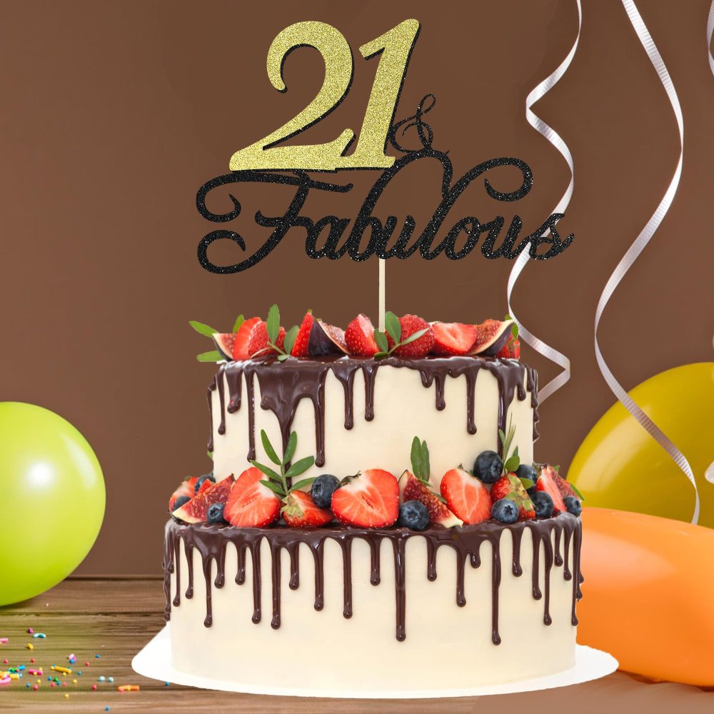 21 & Fabulous Birthday Cake Topper, Siipoo Black Gold Glitter Cake Topper for 21th Happy Birthday Anniversary Party Decoration Supplies - Image 3