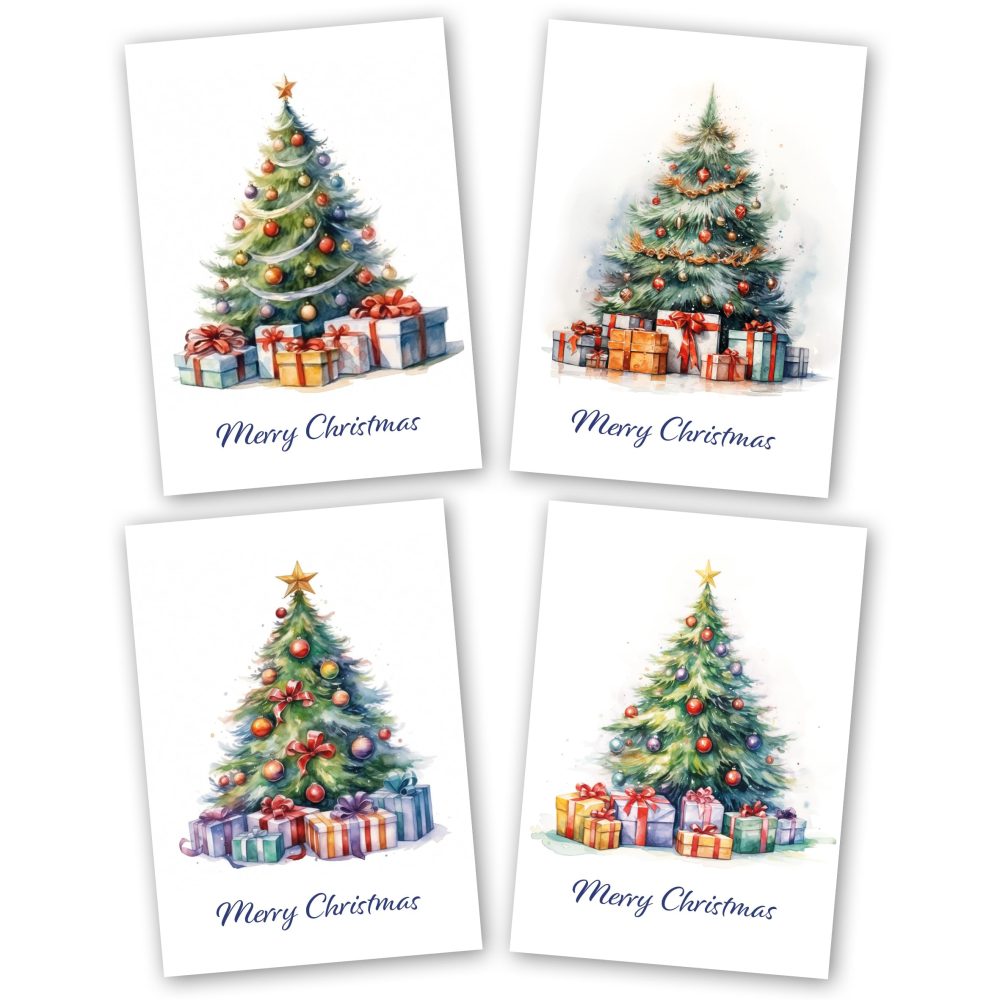 Charity Christmas Cards Pack of 24. Each Christmas Card pack has 4 different Watercolour Christmas Tree designs. Ecofriendly and UK made. Blank Inside. A6 card size.