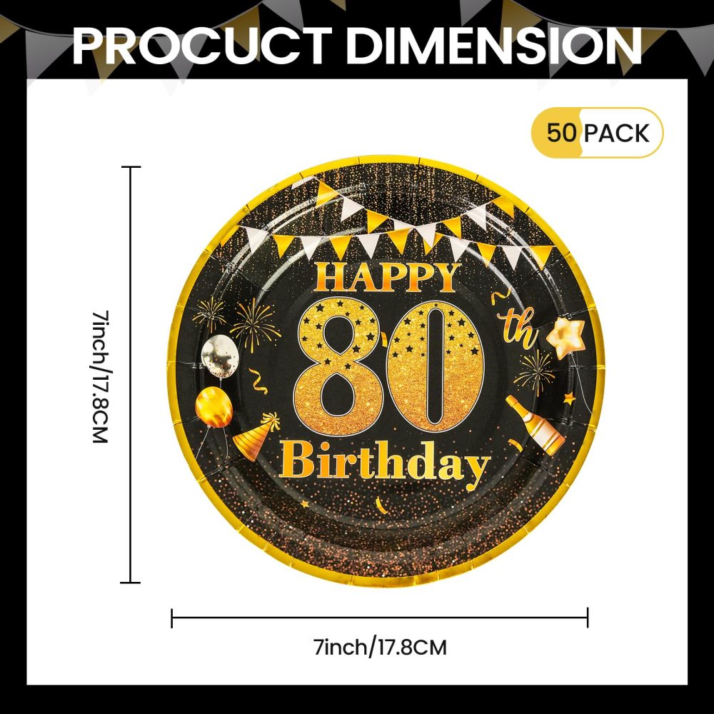 AHPYEUHK Birthday Paper Plates 7" Party Cake Dessert Plates Decorations Disposable Tableware Party Supplies (80th Black) - Image 4