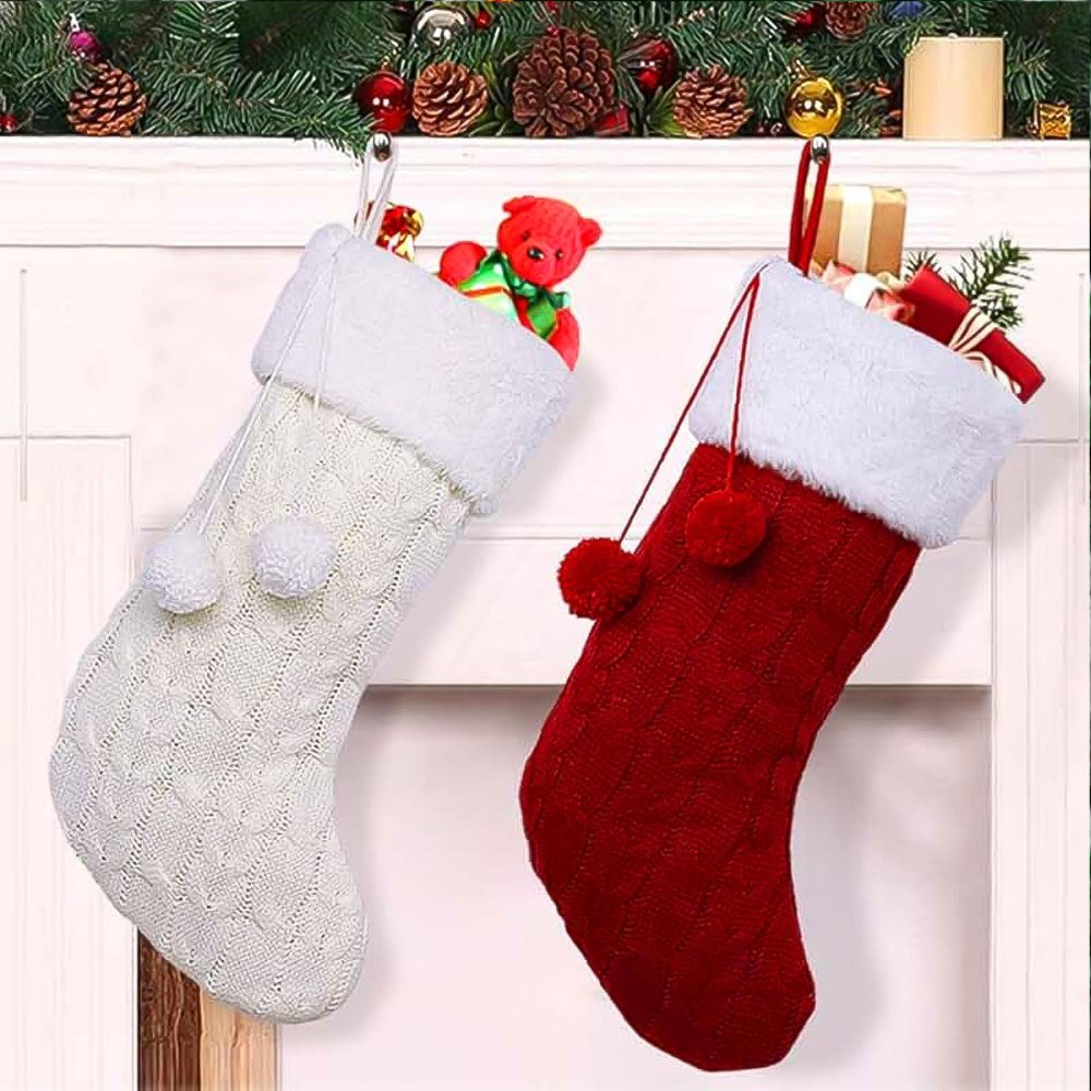 TATAFUN 2 Pack Knitted Christmas Stocking Red White Christmas Stocking Large Size Xmas Stockings Santa Stockings with Pompom for Christmas Party Decorations - Image 4