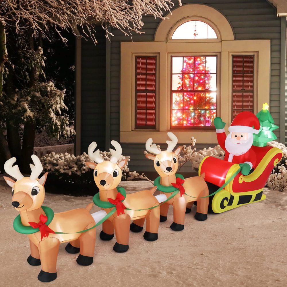 Bonnlo Lighted Inflatable Christmas Decoration, 10ft Long Blow Up Christmas Santa Claus Sleigh & Reindeer Outdoor Decorations with Secure Stakes, Electric Blower Fan for Indoor Outdoor Yard Decor