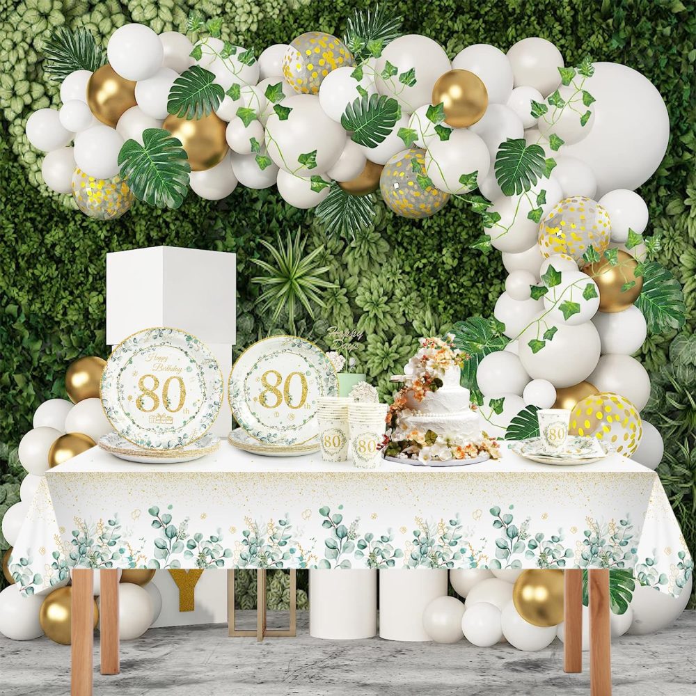 65 pcs Birthday Party Decorations,Paper Plates 7 and 9inch,Napkins Serviettes and Cups Set,Eucalyptus Tablecloth, Happy Birthday Party Tableware Table Decorations (80th) - Image 3