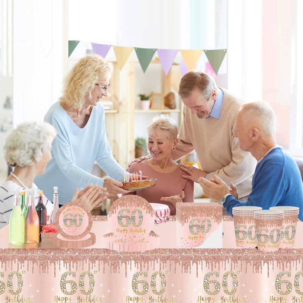 Happy 60th Birthday Paper Plates 9" Rose Gold,16Pcs Womens Birthday Party Plates Tableware,60th Birthday Decorations Plates for Women,Her 60th Birthday Party Supplies Table Decorations - Image 3