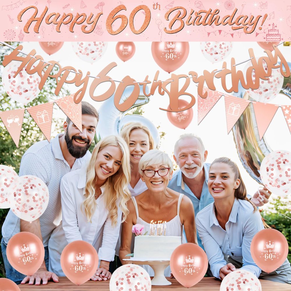 60th Birthday Decorations Kit Rose Gold Happy 60th Birthday Banner Triangle Flag Confetti Balloons Birthday Party Decorations Supplies Age 60 - Image 2