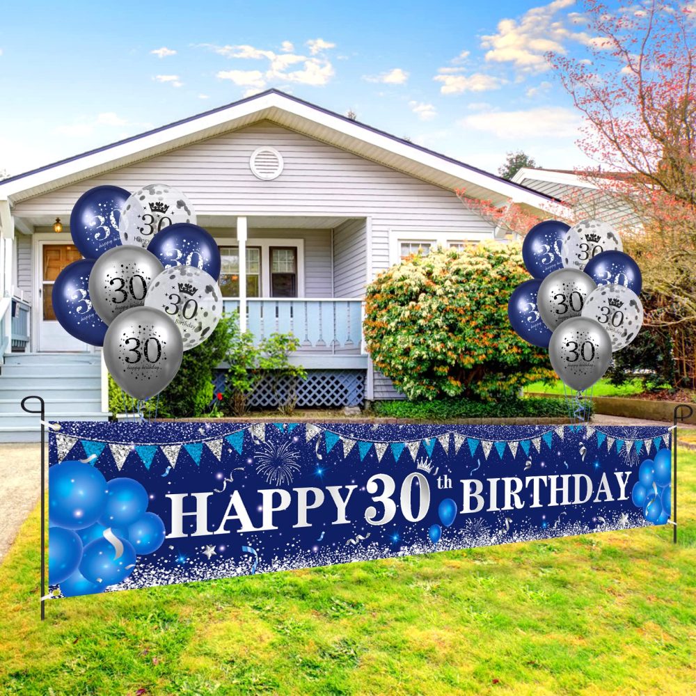 RUMIA Blue 30th Birthday Decorations for Men Women, Navy Blue Silver Happy 30th Birthday Yard Banner, Blue 30th Birthday Balloons for 30th Birthday Anniversary Party Decorations Supplies, A6X8L11 - Image 2