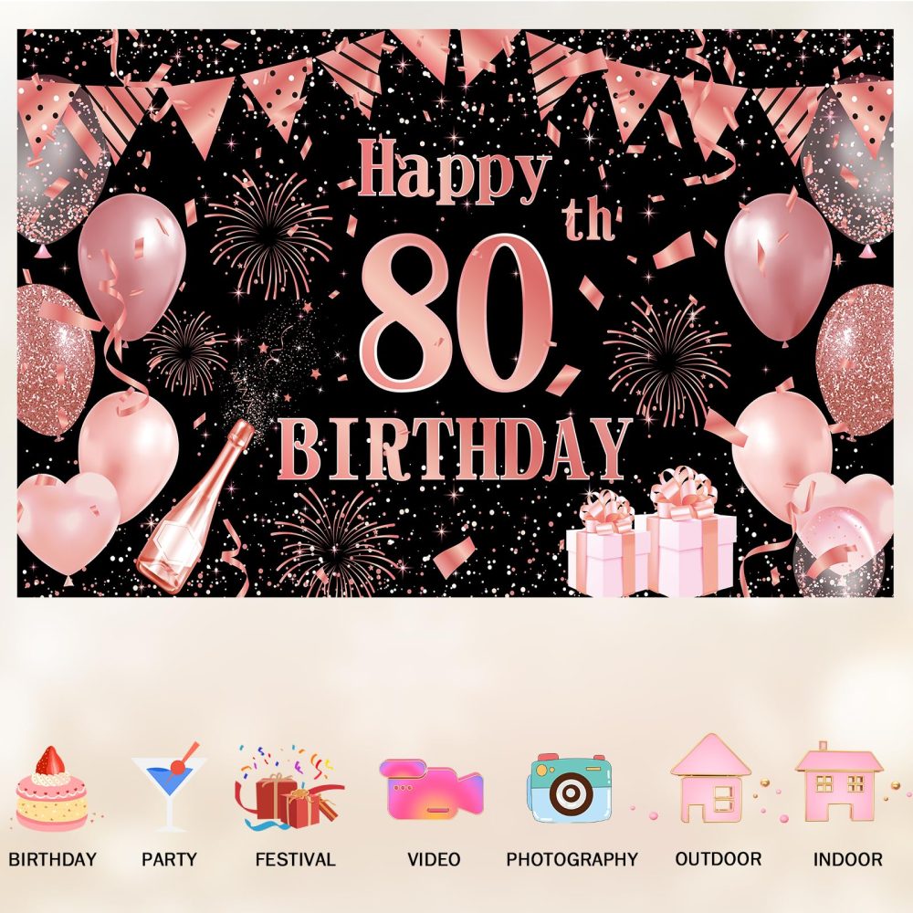 Happy 80th Birthday Backdrop Banner, Black Rose Gold Birthday Party Decoration, Large 80th Birthday Sign Poster Photo Booth Background for Women Men Birthday Party Decor - Image 3