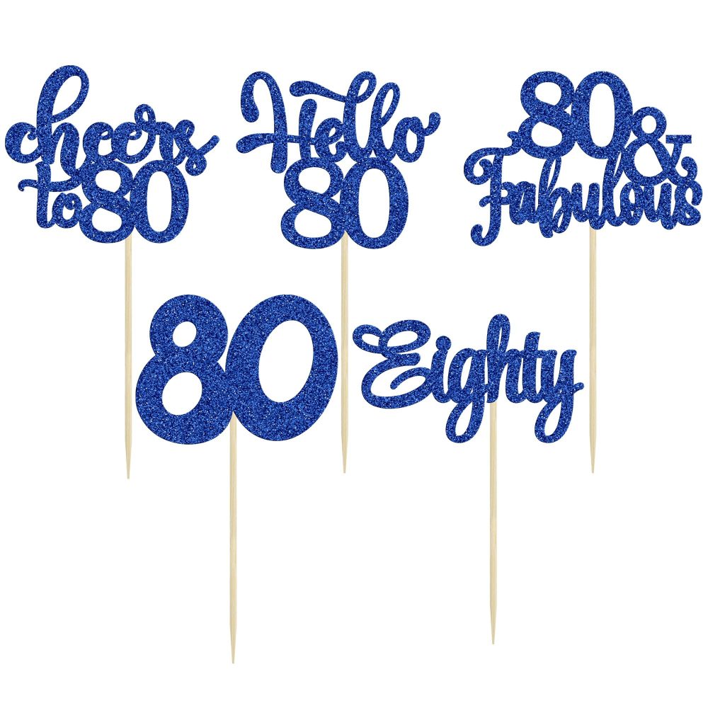 30Pcs Happy 80th Birthday Cupcake Toppers Eighty Cheers to 80 Years Old Birthday Cupcake Picks for Happy 80th Birthday Anniversary Party Cake Decorations Deep Blue Glitter - Image 6