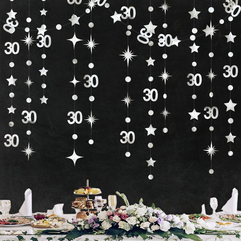 Silver 30th Birthday Decorations Number 30 Circle Dot Twinkle Star Garland Metallic Streamer Banner Backdrop for Mens Womens Happy Dirty Thirty Cheers to 30 Years Old 30th Anniversary Party Supplies