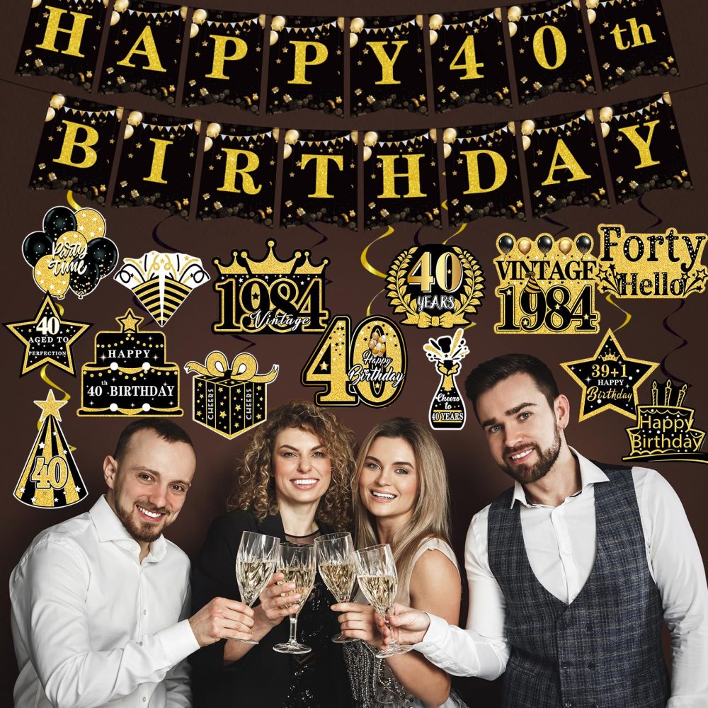 Luvart 40th Birthday Decoration - 40th Birthday Party Decorations 40th Birthday Hanging Swirls Decorations Happy 40th Birthday Banner Black Gold 1984 40th Birthday Supplies for Men Women - Image 4