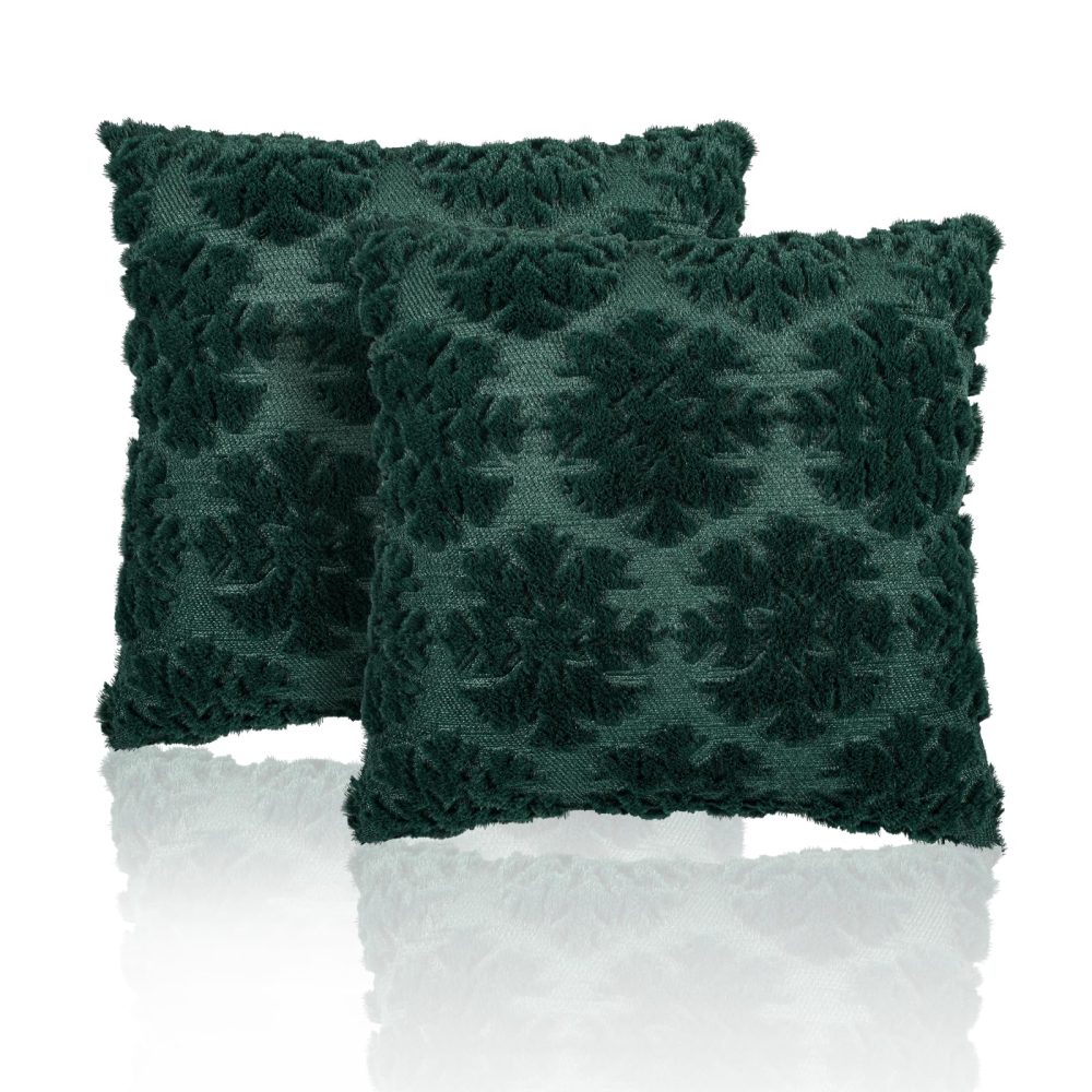 Lewondr Christmas Throw Pillow Cover 20x20, Set of 2 Super Soft Faux Fur Throw Pillow Covers Velvet 3D Snowflakes Embroidery Decorative Throw Pillowcase for Living Room Bed Couch Home Decor, Green - Image 2