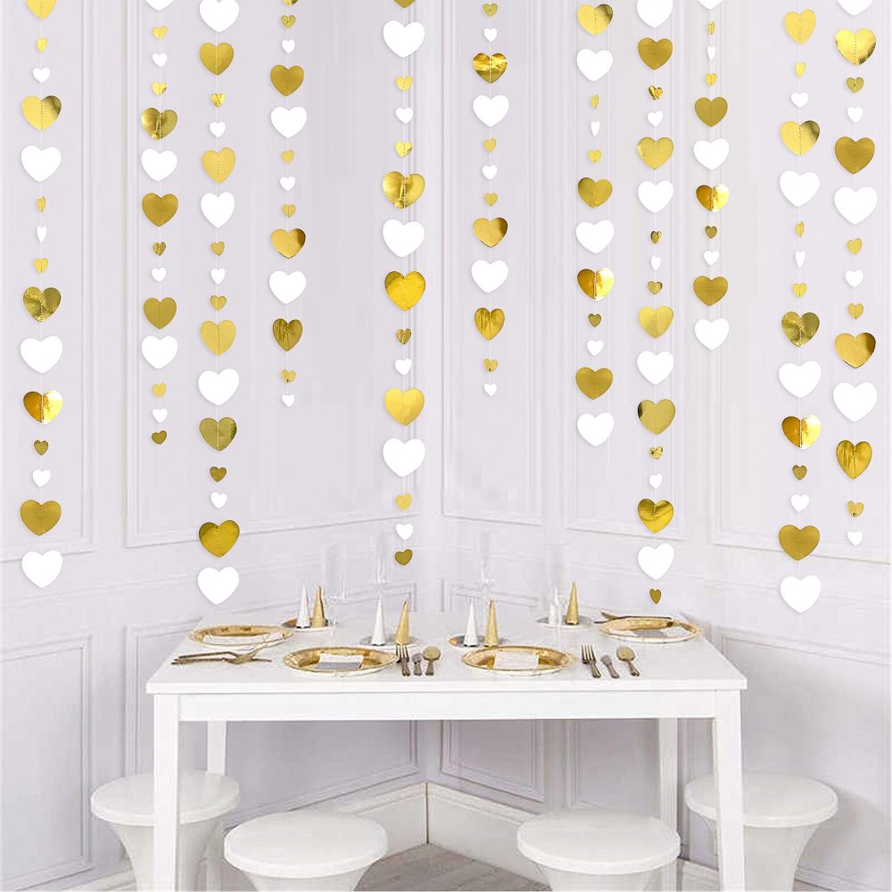 52Ft White and Gold Love Heart Garland Hanging Paper Streamer Banner for Anniversary Bachelorette Engagement Wedding Bridal Shower Birthday Father's Mother's Day Valentines Christmas Party Decorations - Image 4