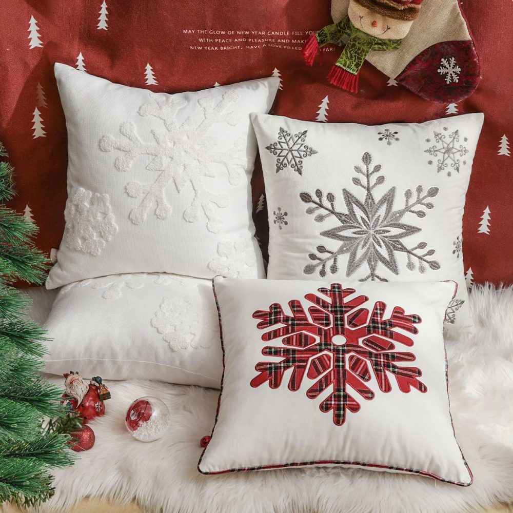 Lewondr Christmas Throw Pillow Cover, 2 Pack Snowflake Embroidery Decorative Throw Pillow Case Linen Sofa Cushion Cover for Party Thanksgiving Day Xmas Decor 16"x16"(40x40cm) - White - Image 6