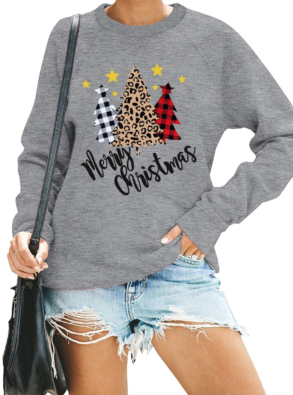 hohololo Christmas Tree Sweatshirt Womens Leopard Plaid Christmas Shirts Xmas Drop Shoulder Long Sleeve Holiday Pullover Tops