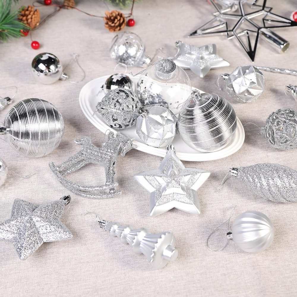 SHareconn 100pcs Christmas Tree Decorations Ornaments Set, Shatterproof Plastic Christmas Baubles Decorative Balls for Xmas Tree Decor Holiday Wedding Party, Silver - Image 4