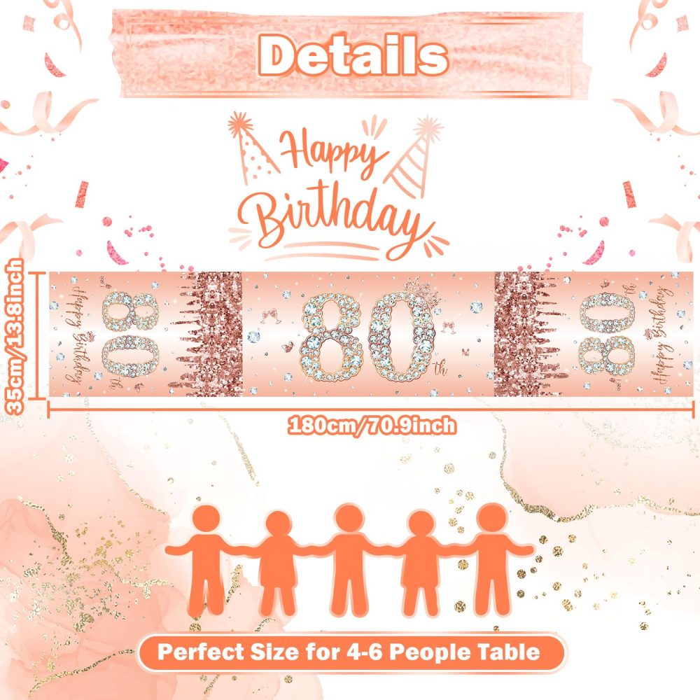 80th Birthday Table Runner for Women Her Rose Gold Happy 80th Birthday Table Runner 80 Years Old Birthday Celebration Party Decorations Non-Slip Dining Table Linen Cover Cloth Decor, 180x35cm Long - Image 8