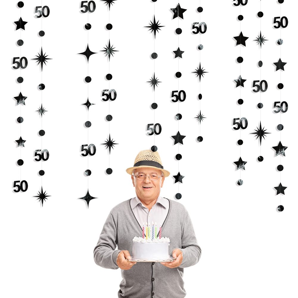 Black 50th Birthday Decorations Number 50 Circle Dot Twinkle Star Garland Metallic Hanging Streamer Bunting Banner Backdrop for 50 Year Old Birthday Happy 50th Anniversary Fiftieth Party Supplies - Image 3
