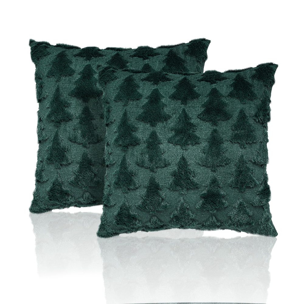 Lewondr Christmas Throw Pillow Cover 18x18, Set of 2 Super Soft Faux Fur Pillow Covers Velvet Christmas Tree Embroidery Decorative Throw Pillowcase for Living Room Bed Couch Sofa Car Home Decor, Green - Image 2
