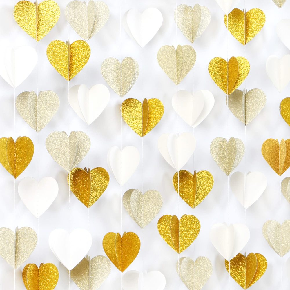 White-Gold Champagne Gold 3D-Heart Garland - 39Ft Christmas Wedding Engagement Hanging Decoration Streamers Banner,Bachelorette Neutral Baby Bridal Shower Valentines Party Decor Lasting Surprise