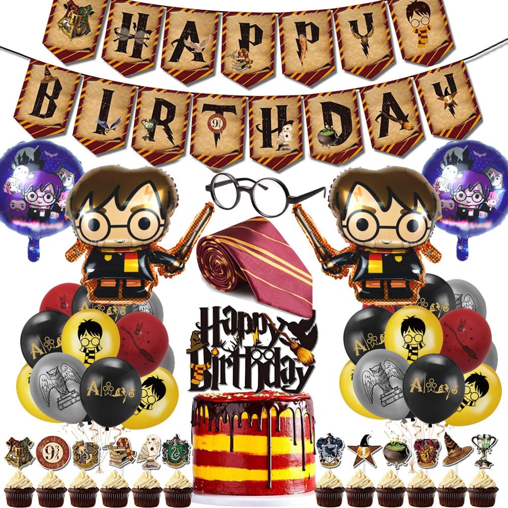 Harry Birthday Party Decorations,Party Supplies Set - Include Banner,Balloons,Cake Cupcake Toppers,Glasses,Tie.Foil Balloons for Magic Wizard School Fans Birthday Party Favors