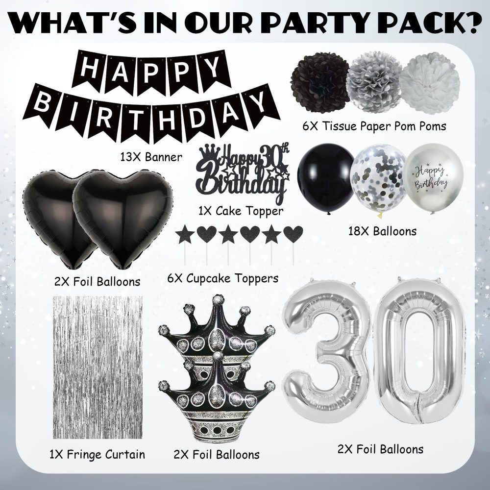 30th Birthday Decorations Black Silver - 51 Pieces Happy Birthday Decor, Silver Fringe Curtain, Paper Pompom, Love Crown, Birthday Banner, Silver Number 30 Balloon for Men Women 30th Birthday Supplies - Image 7