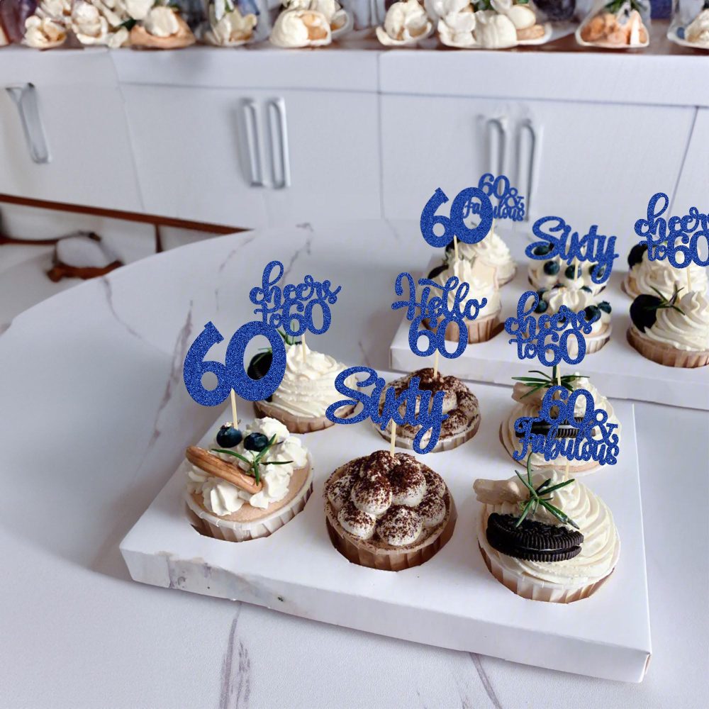 30Pcs Happy 60th Birthday Cupcake Toppers Deep Blue Glitter Sixty Cake Toppers Cheers to 60 Years Old Birthday Cupcake Picks for 60th Birthday Anniversary Party Cake Decorations Supplies - Image 4