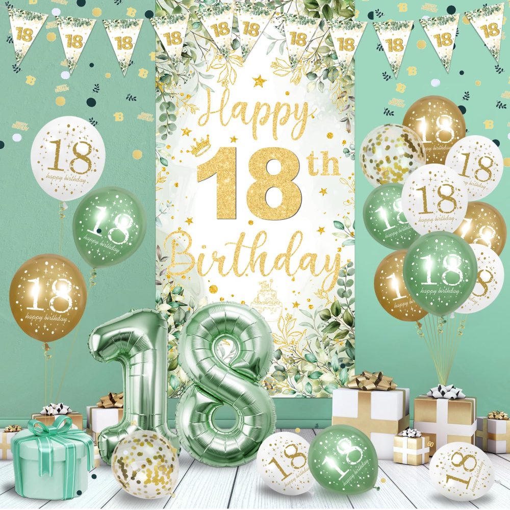 18th Birthday Party Decorations for Girls Boys, Sage Green Happy 18th Birthday Decorations Green Gold 18th Birthday Door Banner Number 18 Foil Balloons for 18 Year Old Birthday Party Decor Supplies - Image 4