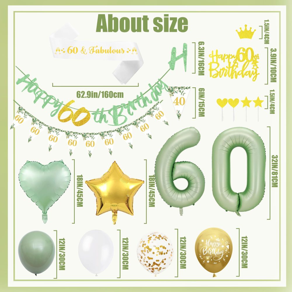60th Birthday Decorations for Women - 49 Piece Green Gold 60th Birthday Balloons Set with Happy Birthday Banner, Confetti, Foil Balloon, Cake Topper, 60 Years Old Party Supplies for Women Men - Image 6