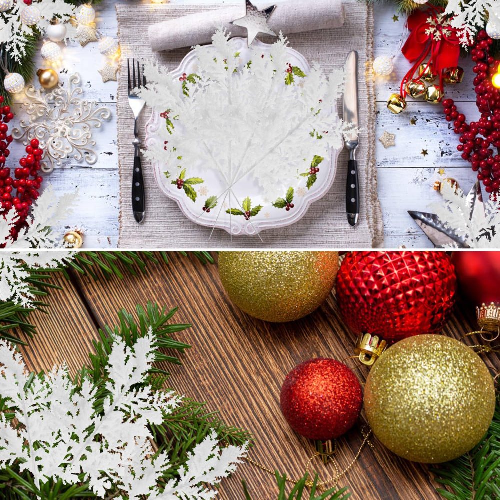 VEYLIN 10 Pcs Artificial Christmas Leaves Picks, White Glitter Leaves for Xmas Tree Wreath Festival Decoration - Image 8