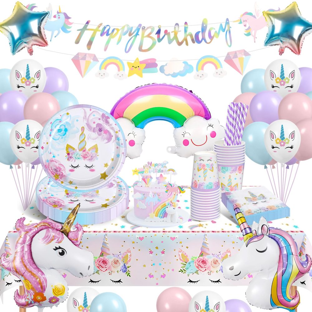 YIMAKJ Unicorn Party Tableware Set, Unicorn Birthday Decoration Set, Unicorn Party Decorations For Girls With Balloons, Tablecloths, Banner, Cake Deco, Party Plates Cups And Napkins(16 Guests)
