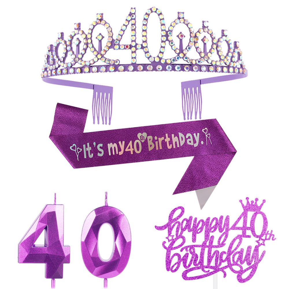 40th Birthday for Woman Decorations,Including Purple 40th Birthday Sash and Birthday Tiara Crown ,40th Birthday Candles Cake Topper Happy Birthday for 40 Year Old Her Gifts Party Supplies